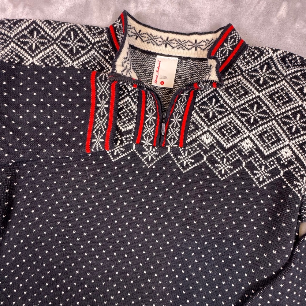 Hanna Andersson Womens Nordic Fair Isle Quarter Zip Cotton Sweater Black Red M